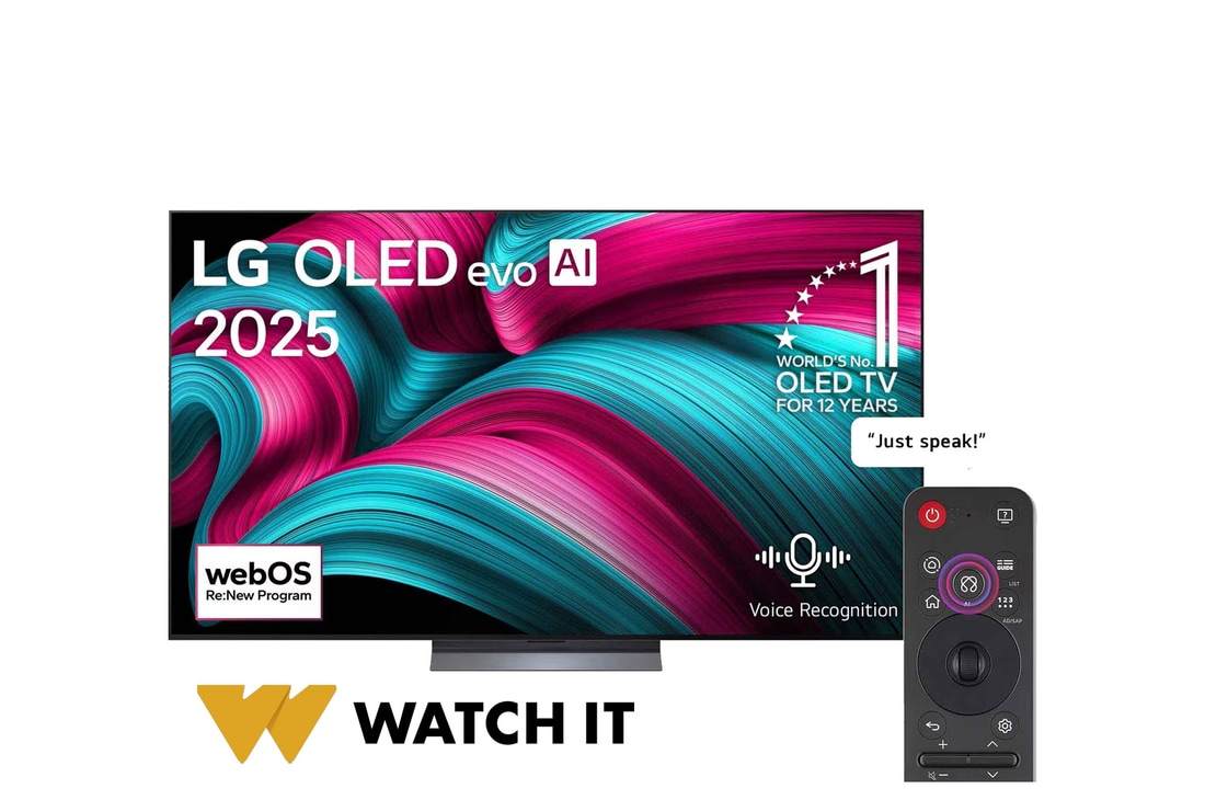 Front view of LG OLED evo AI C5 4K Smart TV. 12 Years of world number 1 OLED emblem and LG OLED evo AI 2025 logo are on the screen.