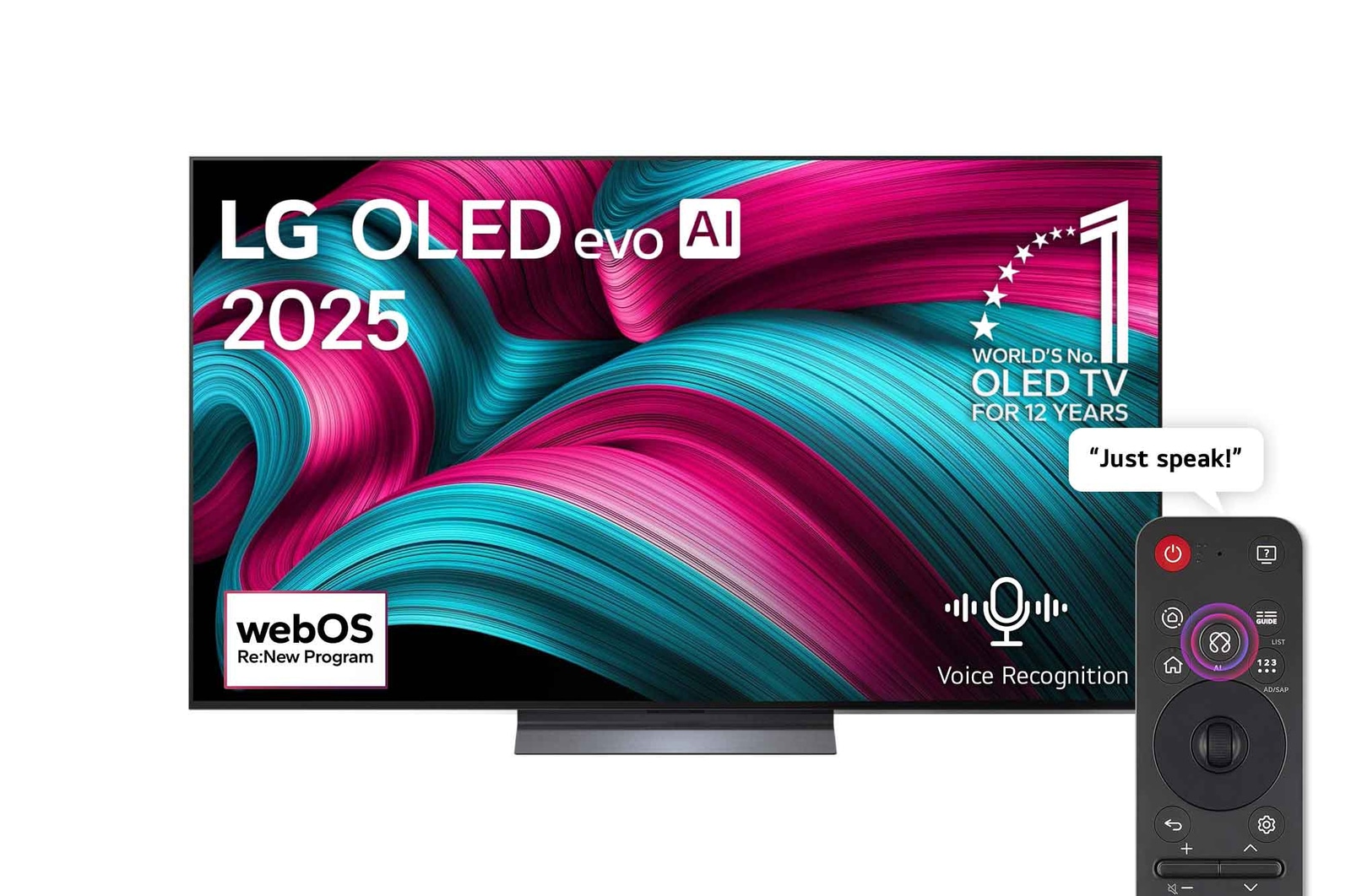 Front view of LG OLED evo AI C5 4K Smart TV. 12 Years of world number 1 OLED emblem and LG OLED evo AI 2025 logo are on the screen.