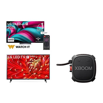 Front view of 65 inch LG OLED evo AI C5 4K 144Hz Smart TV AI Magic remote webOS25 2025 + LG LM63 43 inch FHD TV + Portable Bluetooth speaker LG XBOOM Go XG2TBK Military Grade & 10-Hour Battery OLED65C56LA.43LXG