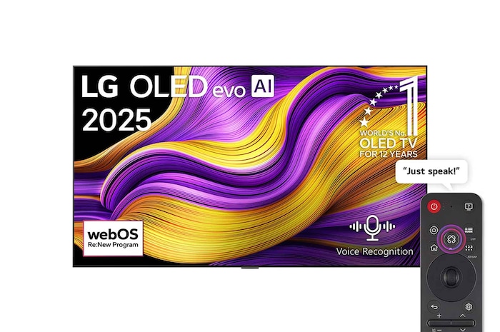 Front view of LG OLED evo AI G5 4K Smart TV. 12 Years of world number 1 OLED emblem and LG OLED evo AI 2025 logo are on the screen.