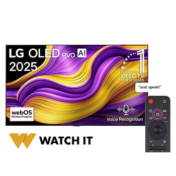 Front view of LG OLED evo AI G5 4K Smart TV. 12 Years of world number 1 OLED emblem and LG OLED evo AI 2025 logo are on the screen.
