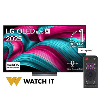 Front view of LG OLED evo AI C5 4K Smart TV. 12 Years of world number 1 OLED emblem and LG OLED evo AI 2025 logo are on the screen.