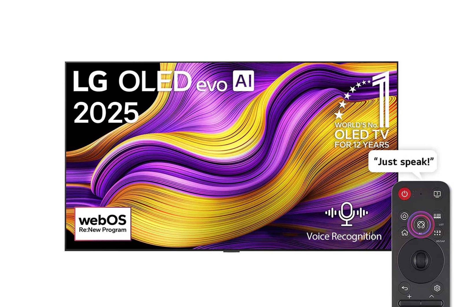 Front view of LG OLED evo AI G5 4K Smart TV. 12 Years of world number 1 OLED emblem and LG OLED evo AI 2025 logo are on the screen.