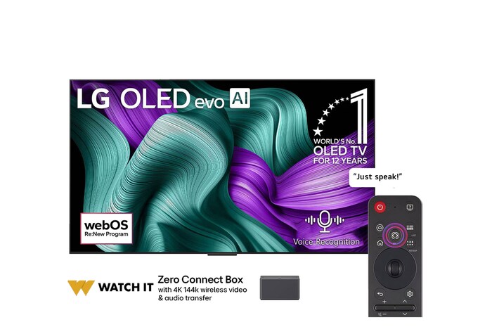 Front view of LG OLED M5 TV. 12 Years of world number 1 OLED emblem and LG OLED evo AI 2025 logo are on the screen. Zero Connect Box in the corner with the title, Zero Connect Box with 4K 144Hz wireless video & audio transfer