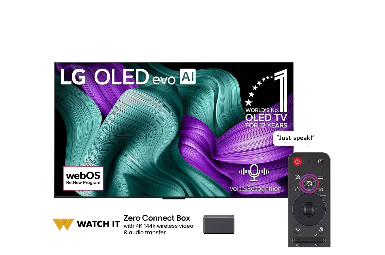Front view of LG OLED M5 TV. 12 Years of world number 1 OLED emblem and LG OLED evo AI 2025 logo are on the screen. Zero Connect Box in the corner with the title, Zero Connect Box with 4K 144Hz wireless video & audio transfer