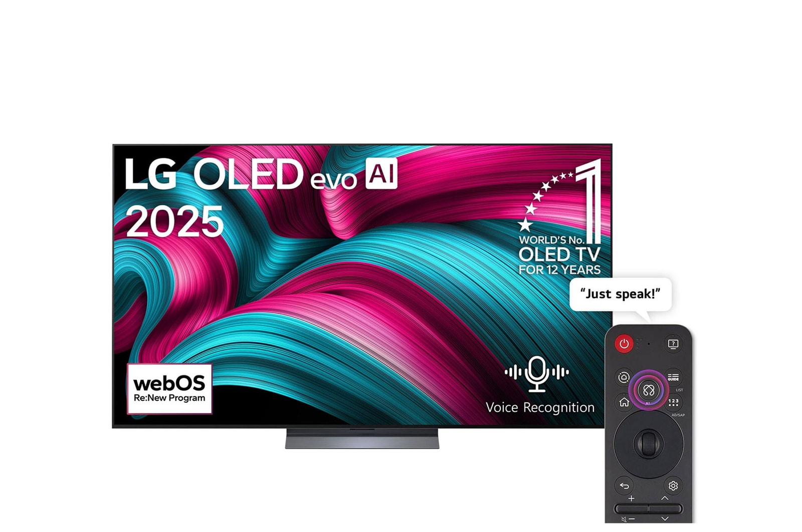Front view of LG OLED evo AI C5 4K Smart TV. 12 Years of world number 1 OLED emblem and LG OLED evo AI 2025 logo are on the screen.