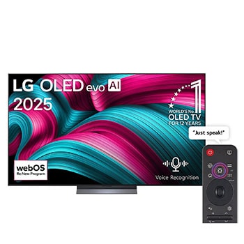 Front view of LG OLED evo AI C5 4K Smart TV. 12 Years of world number 1 OLED emblem and LG OLED evo AI 2025 logo are on the screen.