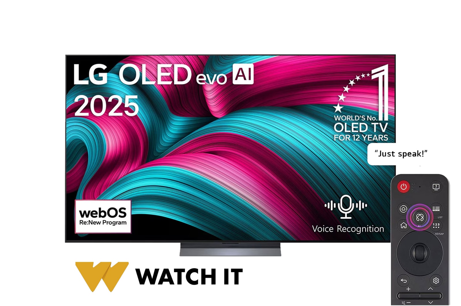 Front view of LG OLED evo AI C5 4K Smart TV. 12 Years of world number 1 OLED emblem and LG OLED evo AI 2025 logo are on the screen.