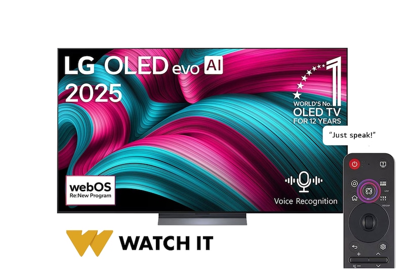 Front view of LG OLED evo AI C5 4K Smart TV. 12 Years of world number 1 OLED emblem and LG OLED evo AI 2025 logo are on the screen.