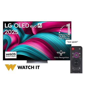 Front view of LG OLED evo AI C5 4K Smart TV. 12 Years of world number 1 OLED emblem and LG OLED evo AI 2025 logo are on the screen.