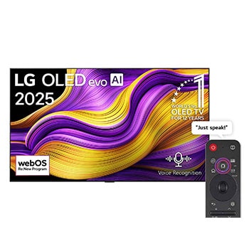 Front view of LG OLED evo AI G5 4K Smart TV. 12 Years of world number 1 OLED emblem and LG OLED evo AI 2025 logo are on the screen.
