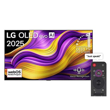 Front view of LG OLED evo AI G5 4K Smart TV. 12 Years of world number 1 OLED emblem and LG OLED evo AI 2025 logo are on the screen.