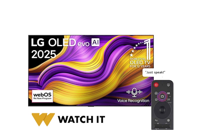 Front view of LG OLED evo AI G5 4K Smart TV. 12 Years of world number 1 OLED emblem and LG OLED evo AI 2025 logo are on the screen.