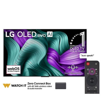 Front view of LG OLED M5 TV. 12 Years of world number 1 OLED emblem and LG OLED evo AI 2025 logo are on the screen. Zero Connect Box in the corner with the title, Zero Connect Box with 4K 144Hz wireless video & audio transfer