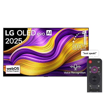 Front view of LG OLED evo AI G5 4K Smart TV. 12 Years of world number 1 OLED emblem and LG OLED evo AI 2025 logo are on the screen.