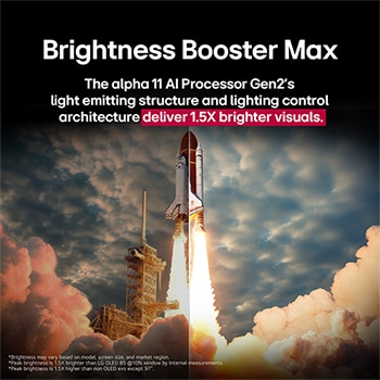 A space shuttle launching from the ground. The scene is split in the middle with one half slightly darker and duller. The other half shows how the rocket blast is remarkably bright, demonstrating how bright visuals can be on an LG OLED TV screen with the light emitting structure and lighting control architecture of Brightness Booster Max.