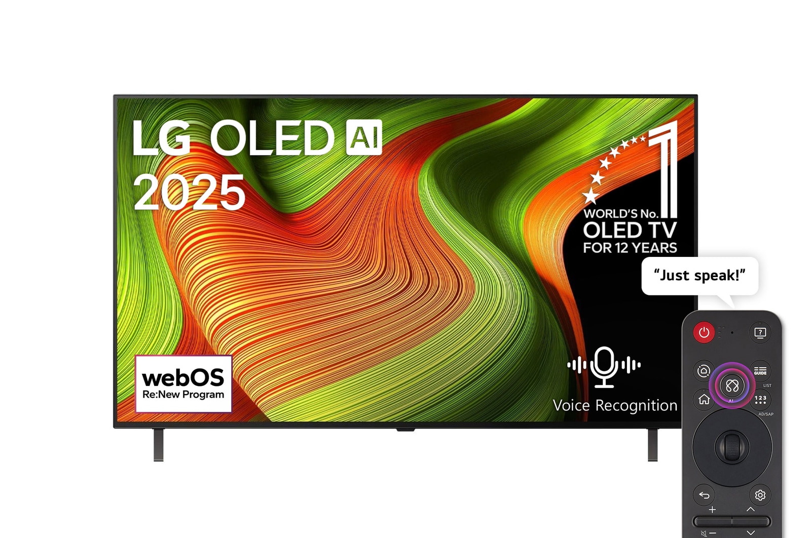 Front view of LG OLED AI B5 4K Smart TV. 12 Years of world number 1 OLED emblem and LG OLED AI 2025 logo are on the screen. 