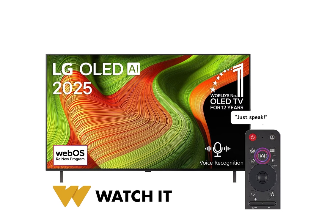 Front view of LG OLED AI B5 4K Smart TV. 12 Years of world number 1 OLED emblem and LG OLED AI 2025 logo are on the screen. 