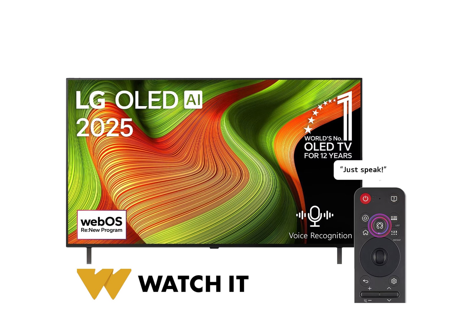 Front view of LG OLED AI B5 4K Smart TV. 12 Years of world number 1 OLED emblem and LG OLED AI 2025 logo are on the screen. 