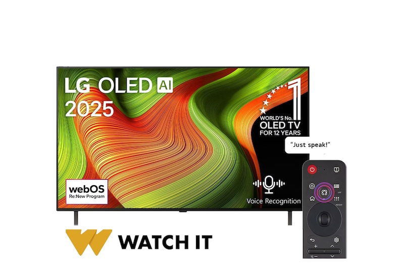 Front view of LG OLED AI B5 4K Smart TV. 12 Years of world number 1 OLED emblem and LG OLED AI 2025 logo are on the screen. 