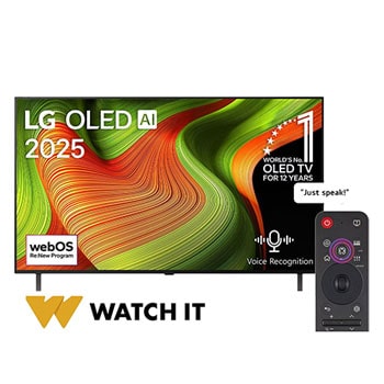 Front view of LG OLED AI B5 4K Smart TV. 12 Years of world number 1 OLED emblem and LG OLED AI 2025 logo are on the screen. 