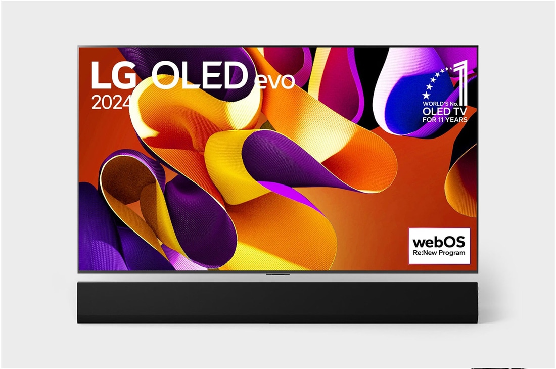 Front view with LG OLED evo TV, OLED G4, 11 Years of world number 1 OLED Emblem, and 5-Year Panel Warranty logo on screen, as well as the Soundbar below