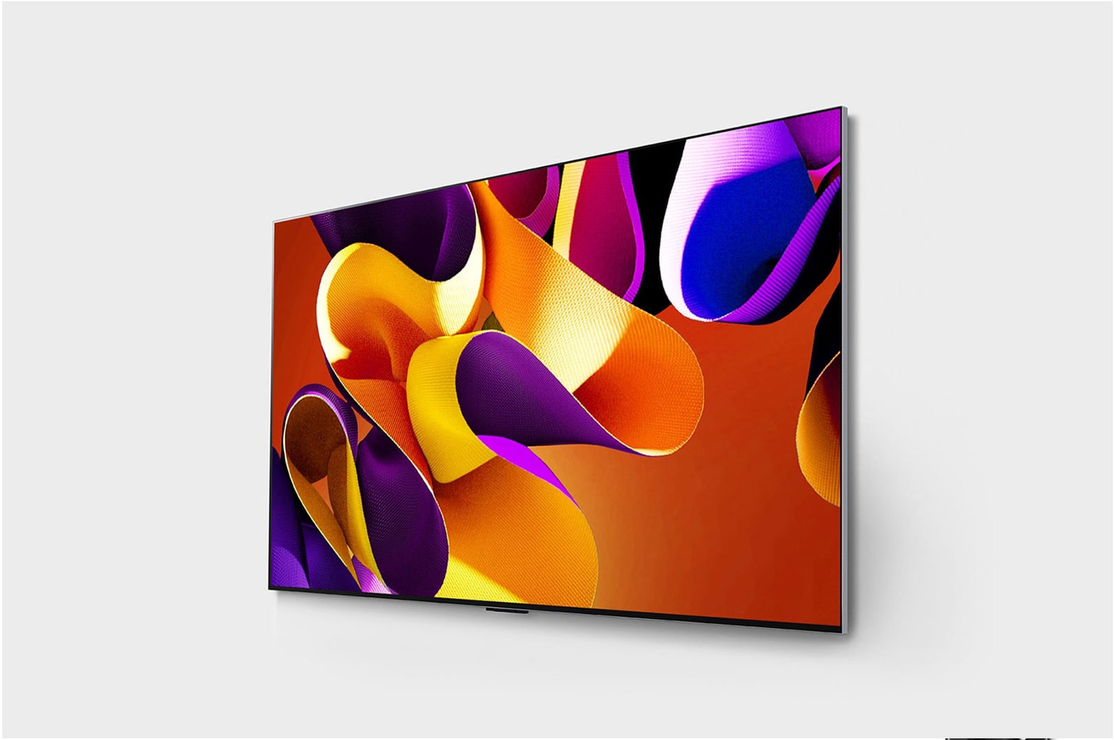 Slightly-angled left-facing side view of LG OLED evo TV, OLED G4 on the wall