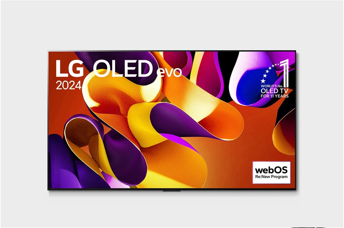 Front view with LG OLED evo TV, OLED G4, 11 Years of world number 1 OLED Emblem, and 5-Year Panel Warranty logo on screen