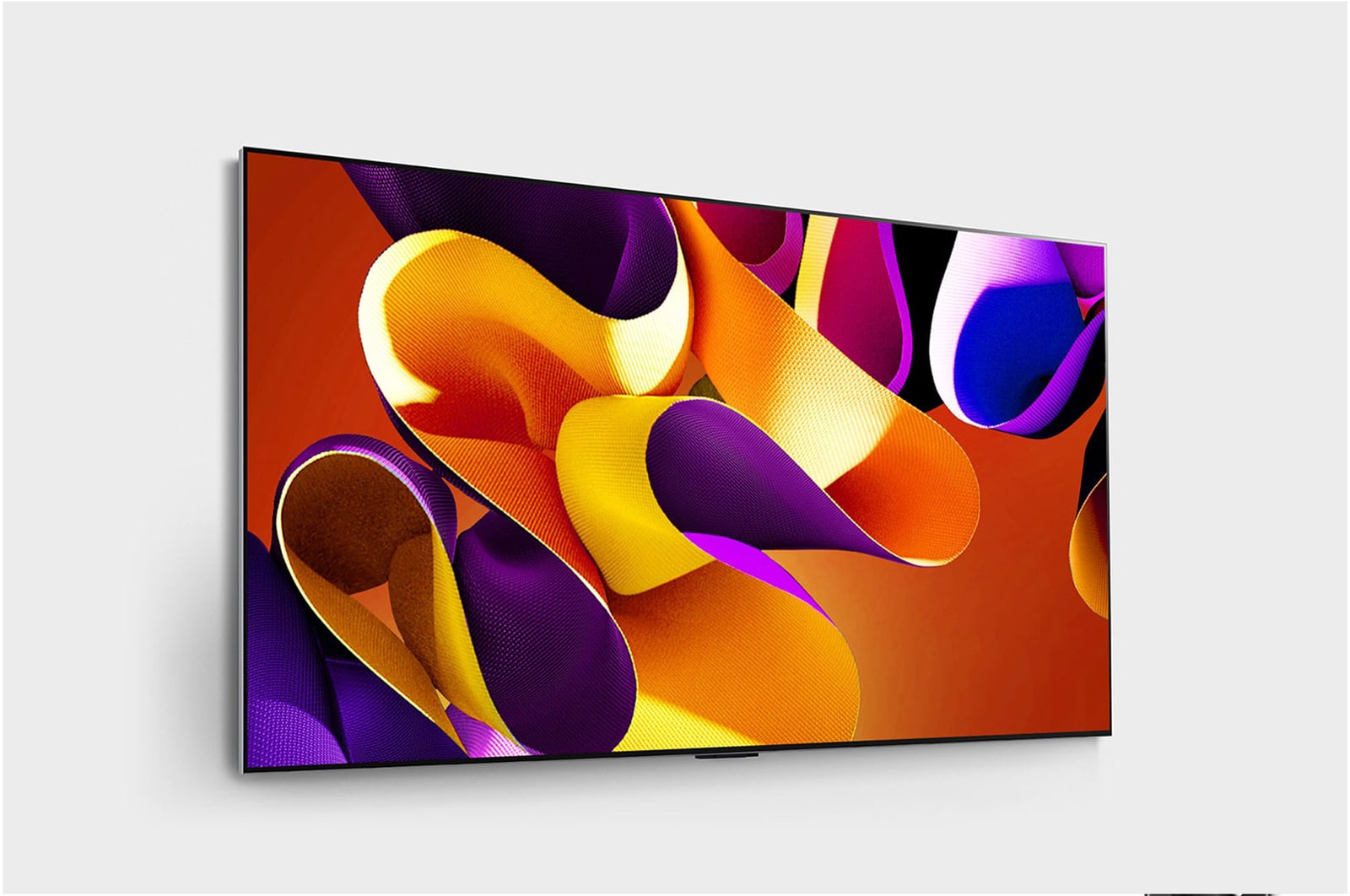 Slightly-angled right-facing side view of LG OLED evo TV, OLED G4 on the wall
