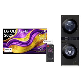 Front view of 65 inch LG OLED evo AI G5 4K 165Hz Smart TV AI Magic remote webOS25 2025 + 13/10kg LG WashTower™ with Centre Control™, Black Steel color OLED65G56LA.WK1310