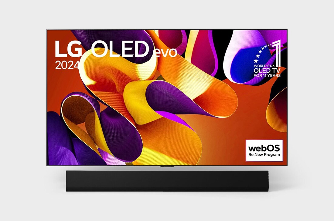 Front view with LG OLED evo TV, OLED G4, 11 Years of world number 1 OLED Emblem, and 5-Year Panel Warranty logo on screen, as well as the Soundbar below