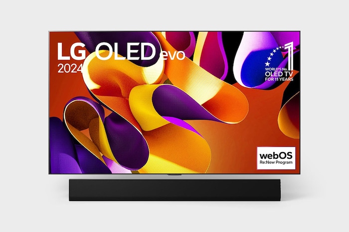 Front view with LG OLED evo TV, OLED G4, 11 Years of world number 1 OLED Emblem, and 5-Year Panel Warranty logo on screen, as well as the Soundbar below