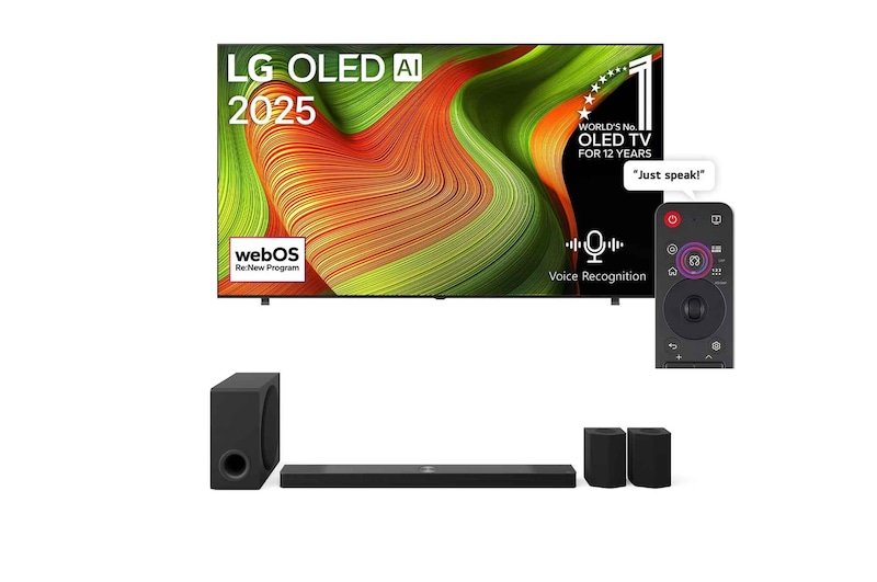 Front view of 83 inch LG OLED AI B5 4K 120Hz Smart TV AI Magic remote webOS25 2025 + 9.1.5 channel LG Home Cinema Soundbar with Surround Sound and Rear Speakers S95TR OLED83B56.S95TR