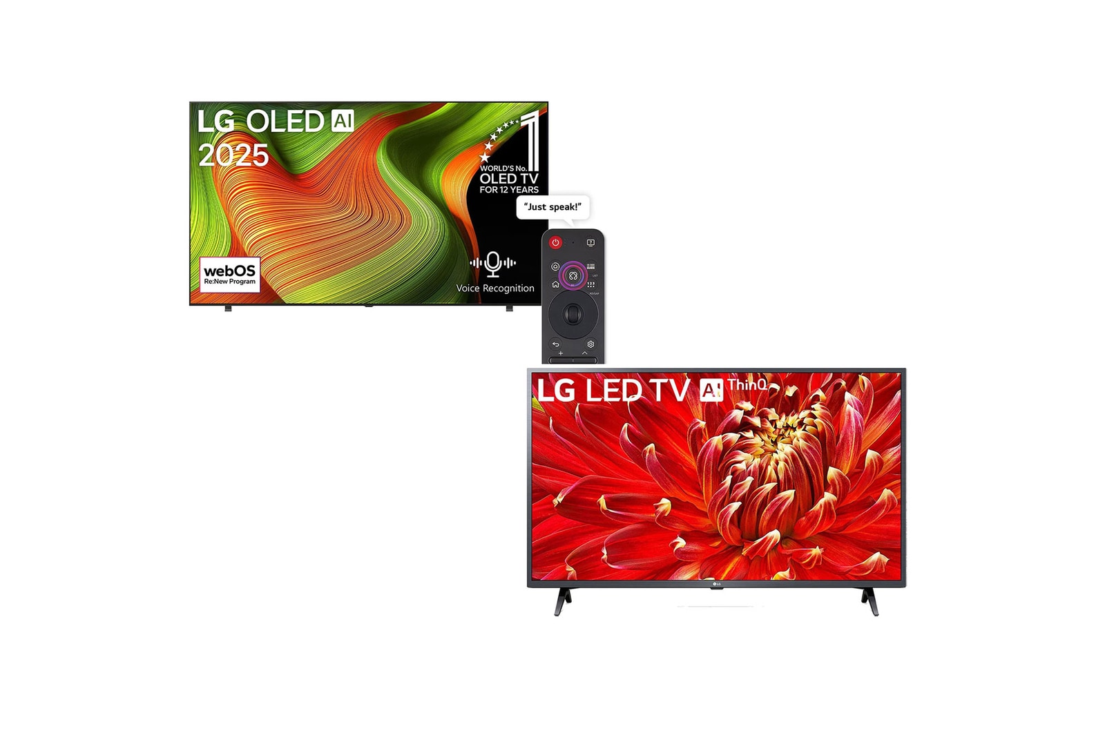 Front view of 83 inch LG OLED AI B5 4K 120Hz Smart TV AI Magic remote webOS25 2025 + LG LM63 43 inch FHD TV OLED83B56LA.43LM63