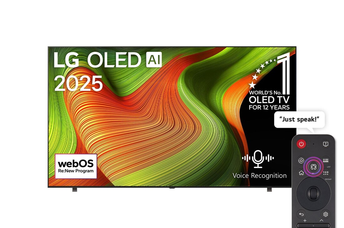 Front view of LG OLED AI B5 4K Smart TV. 12 Years of world number 1 OLED emblem and LG OLED AI 2025 logo are on the screen. 