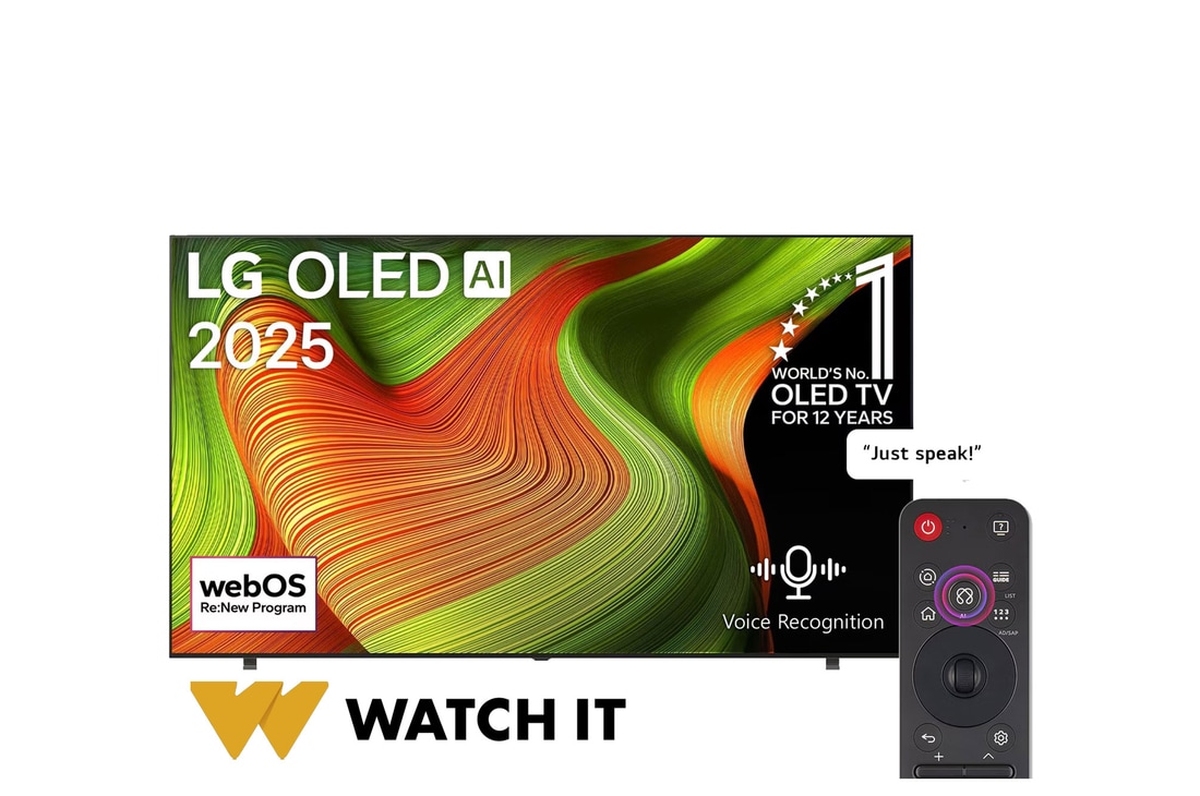 Front view of LG OLED AI B5 4K Smart TV. 12 Years of world number 1 OLED emblem and LG OLED AI 2025 logo are on the screen. 