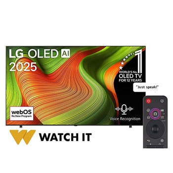 Front view of LG OLED AI B5 4K Smart TV. 12 Years of world number 1 OLED emblem and LG OLED AI 2025 logo are on the screen. 