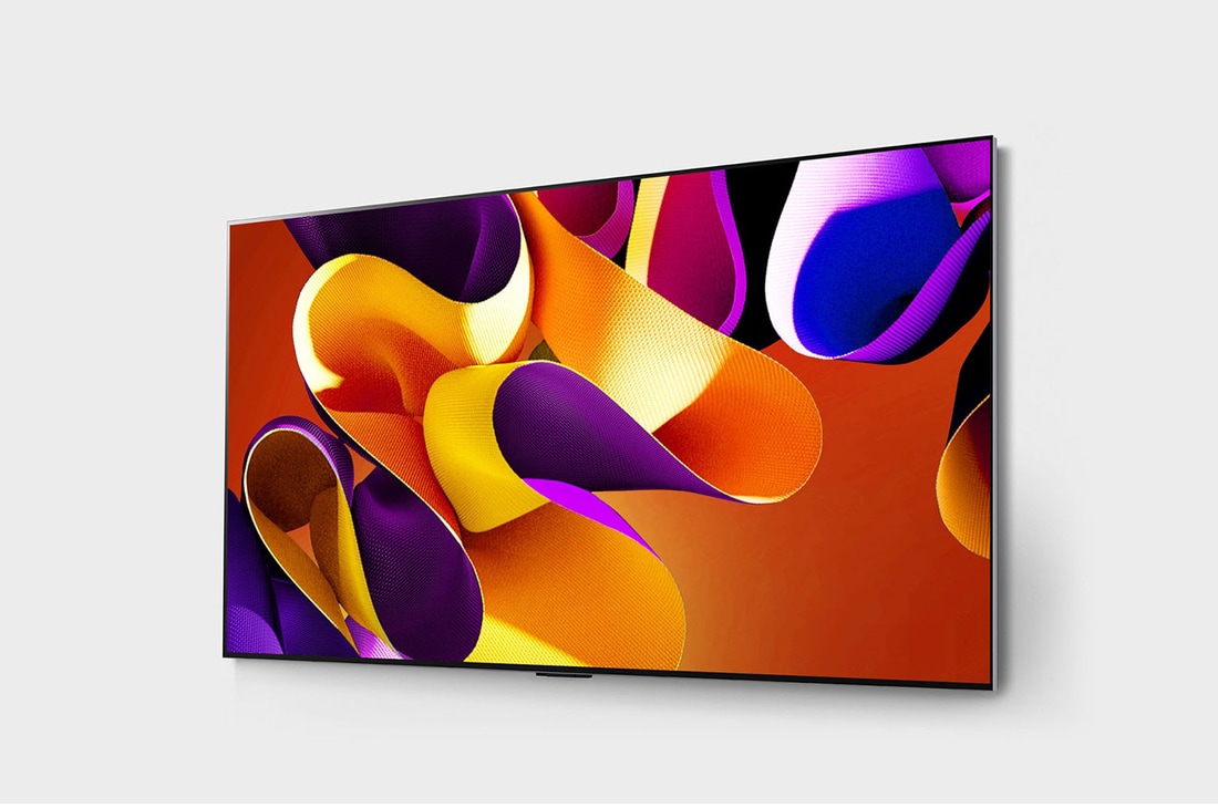 Slightly-angled left-facing side view of LG OLED evo TV, OLED G4 on the wall