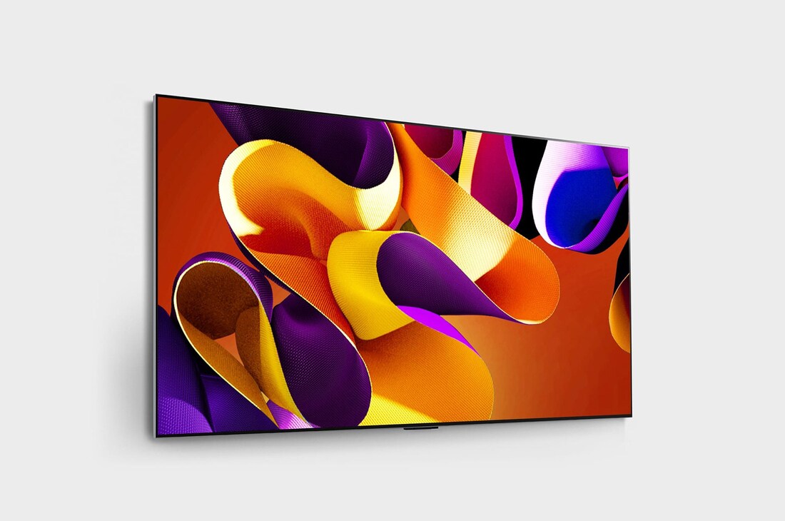 Slightly-angled right-facing side view of LG OLED evo TV, OLED G4 on the wall
