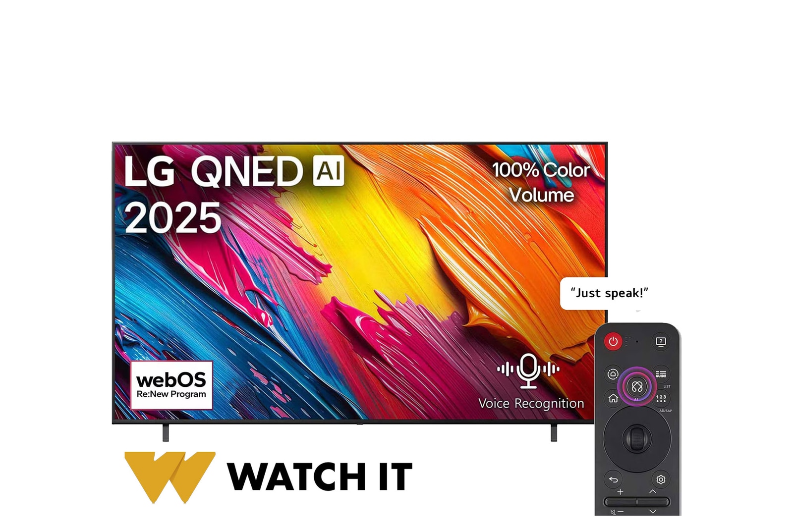 Front view of LG QNED70 TV, LG QNED Al Logo on the top corner. LG QNED TV depicts colorful paintike textures coming together.