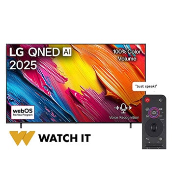 Front view of LG QNED70 TV, LG QNED Al Logo on the top corner. LG QNED TV depicts colorful paintike textures coming together.