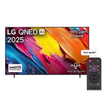 Front view of LG QNED70 TV, LG QNED Al Logo on the top corner. LG QNED TV depicts colorful paintike textures coming together.