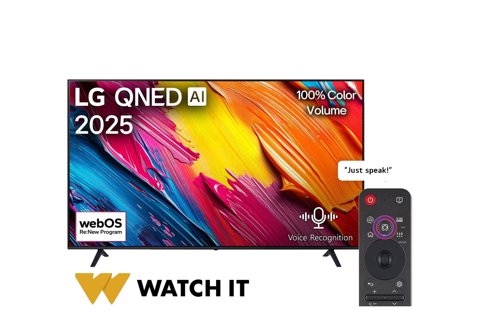 Front view of LG QNED70 TV, LG QNED Al Logo on the top corner. LG QNED TV depicts colorful paintike textures coming together.