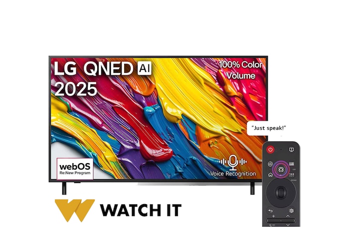 Front view of LG QNED82 TV, LG QNED Al Logo on the top corner. LG QNED TV depicts colorful paintike textures coming together.