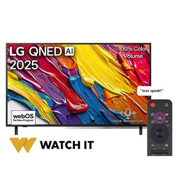 Front view of LG QNED82 TV, LG QNED Al Logo on the top corner. LG QNED TV depicts colorful paintike textures coming together.