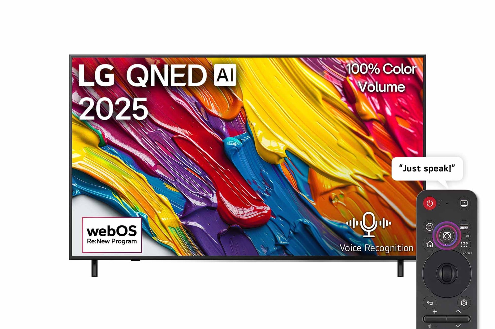 Front view of LG QNED82 TV, LG QNED Al Logo on the top corner. LG QNED TV depicts colorful paintike textures coming together.