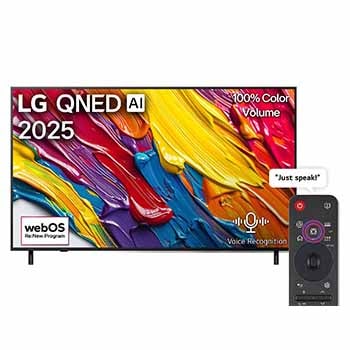 Front view of LG QNED82 TV, LG QNED Al Logo on the top corner. LG QNED TV depicts colorful paintike textures coming together.