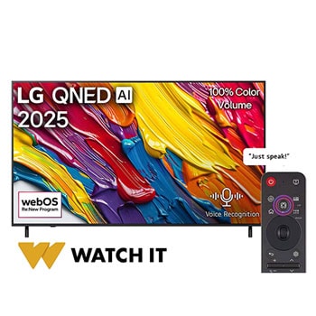 Front view of LG QNED82 TV, LG QNED Al Logo on the top corner. LG QNED TV depicts colorful paintike textures coming together.