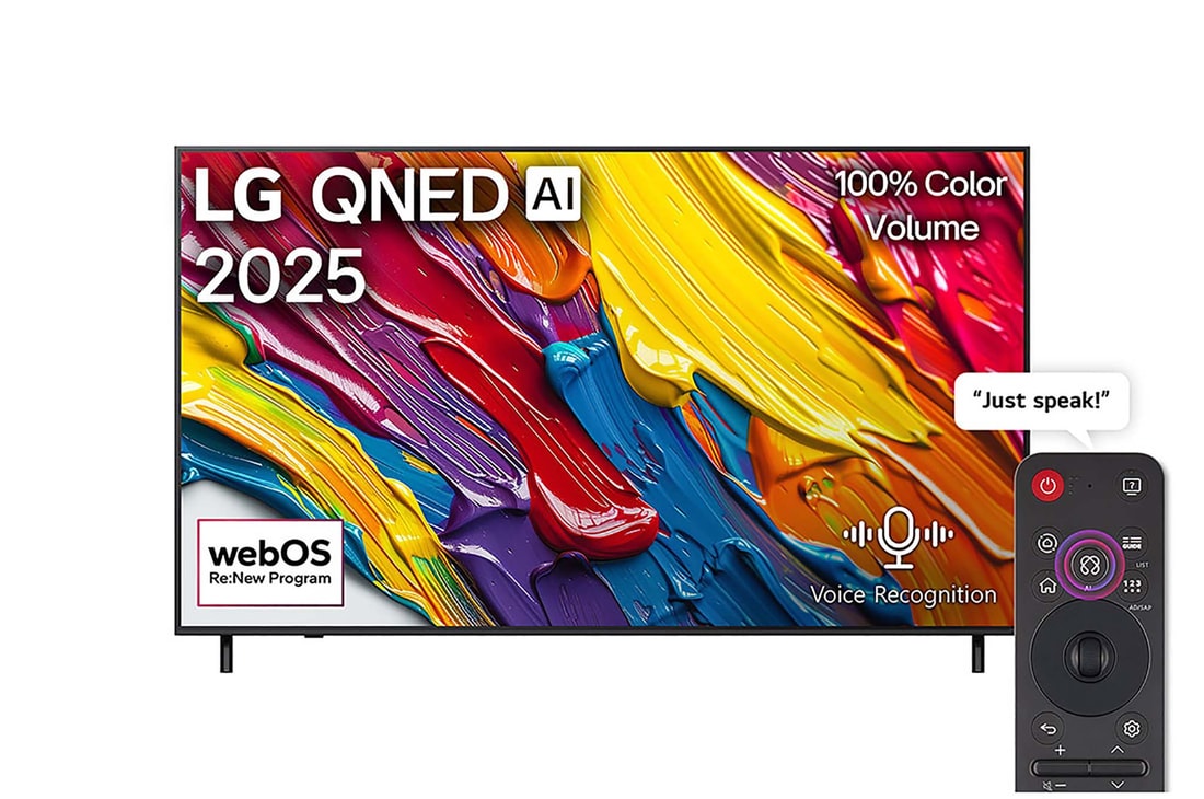Front view of LG QNED82 TV, LG QNED Al Logo on the top corner. LG QNED TV depicts colorful paintike textures coming together.