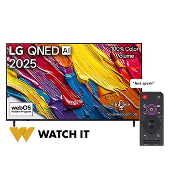 Front view of LG QNED82 TV, LG QNED Al Logo on the top corner. LG QNED TV depicts colorful paintike textures coming together.